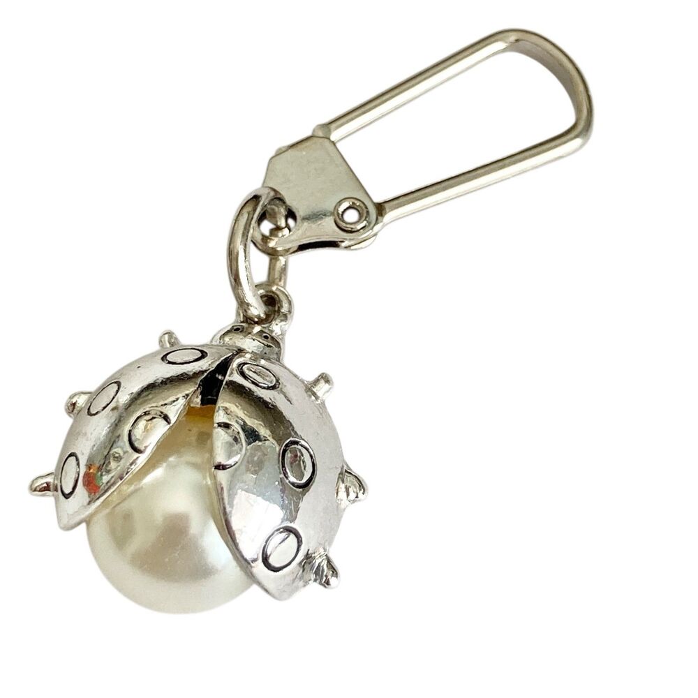 White Pearl Ladybug Zipper Pull Locking Clip Charm Silver Plated Insect Jewelry